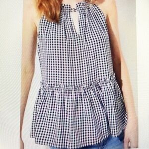 Loft Black/White Gingham Halter-Neck Racerback Peplum Ruffle Trim Blouse US M